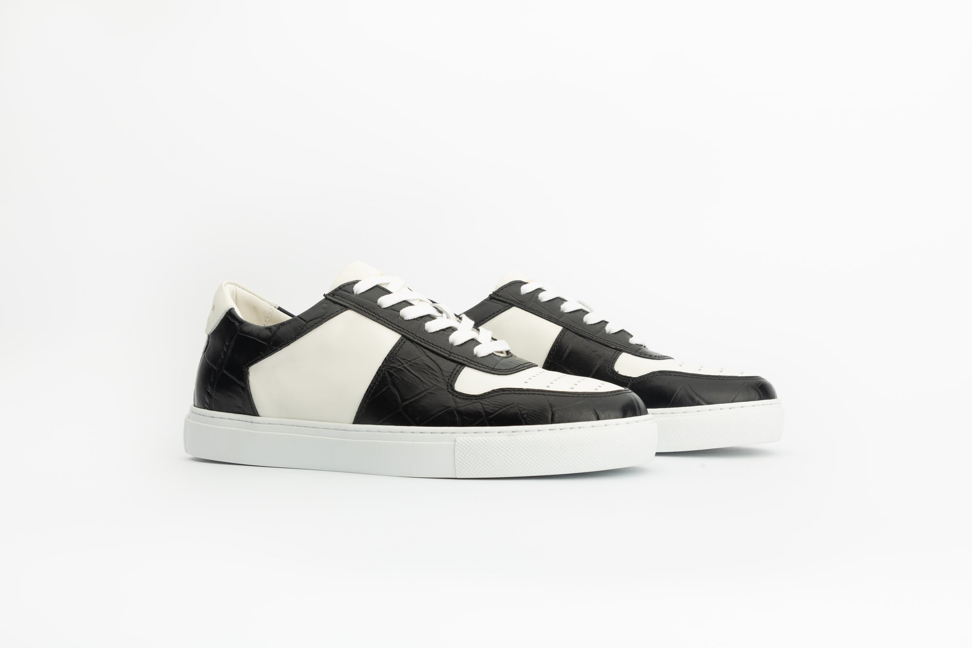 Base Sneakers in White and Ambossed-croc Black Leather