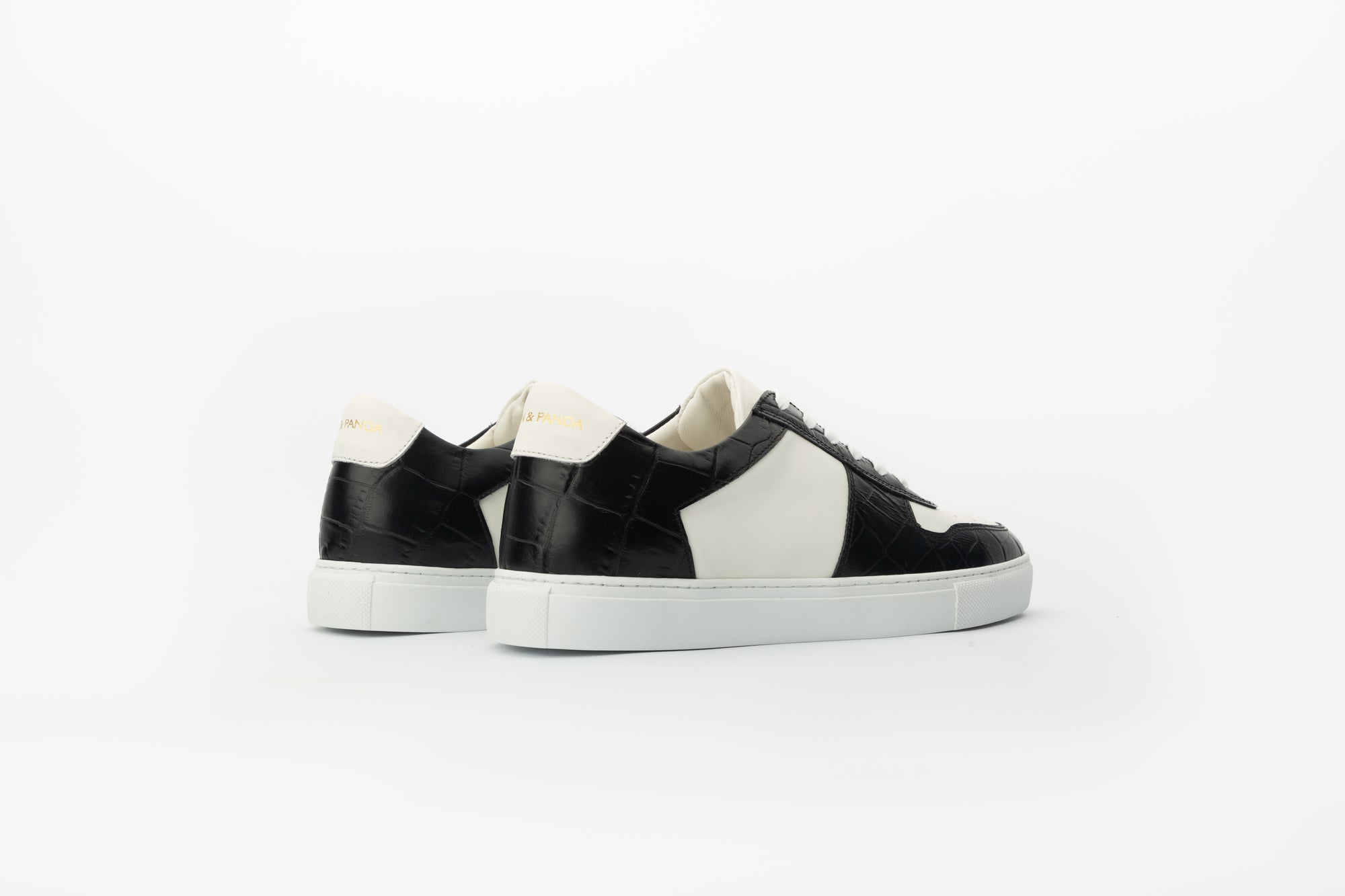 Base Sneakers in White and Ambossed-croc Black Leather