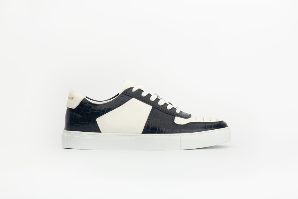 Sneakers Base en cuir blanc et effet croco bleu 