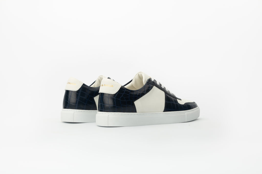 Sneakers Base en cuir blanc et effet croco bleu 