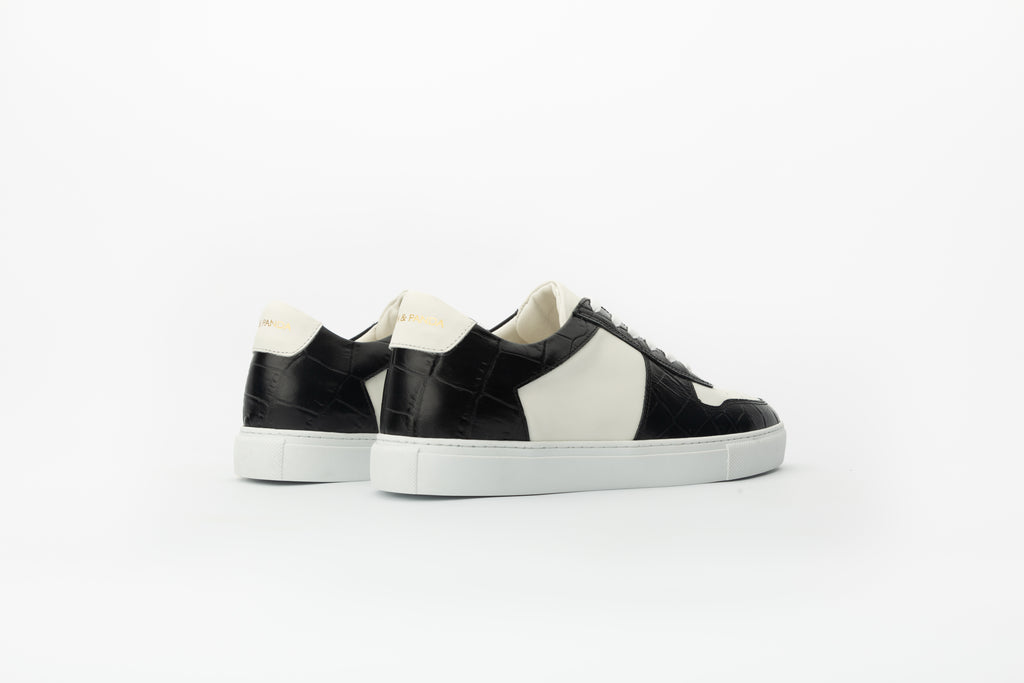 Sneakers Base en cuir blanc et effet croco noir 