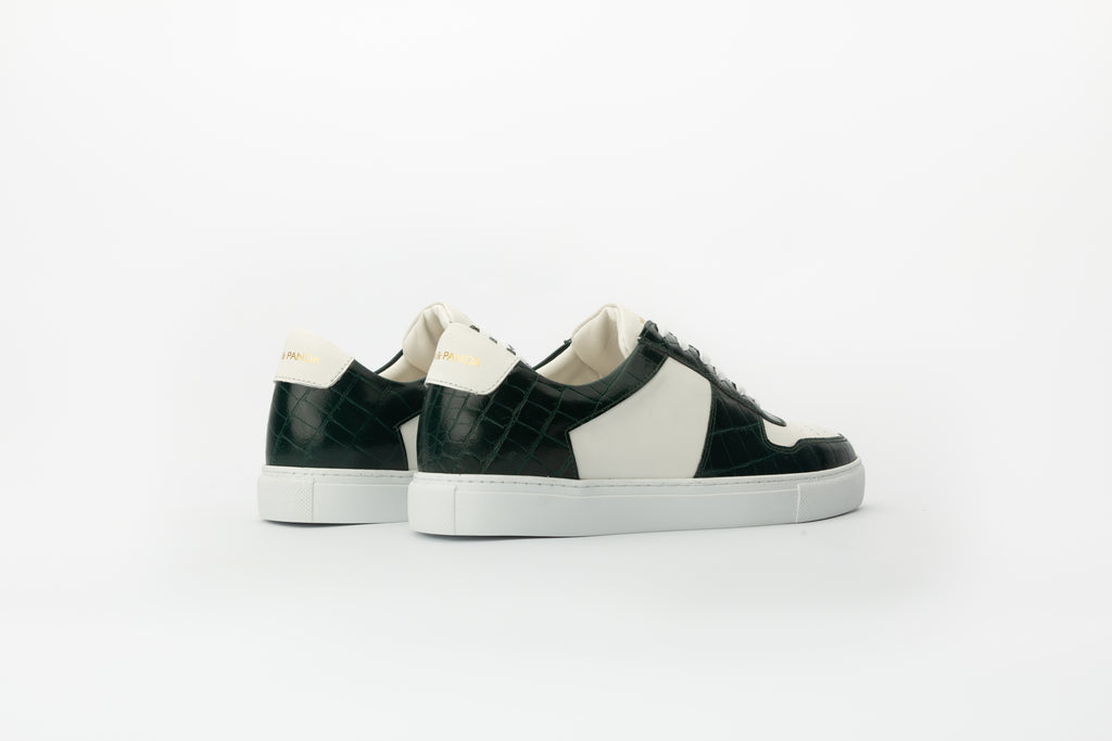 Sneakers Base en cuir blanc et effet croco vert 