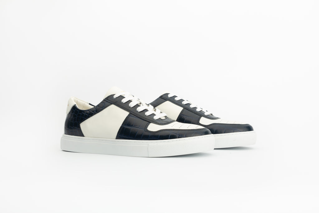 Sneakers Base en cuir blanc et effet croco bleu 