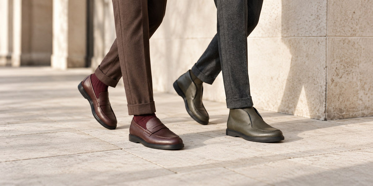 Mocassin en cuir grainé bordeaux et bottillon kaki, portés en marche sur un dallage de pierre
